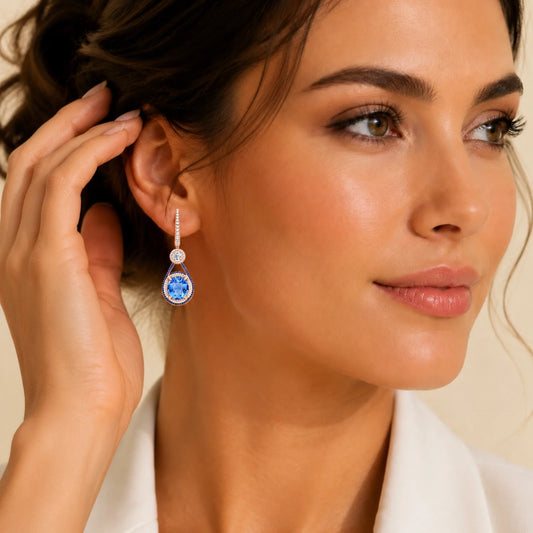 Oval Blue Sapphire & Lab-Grown Diamond Halo Drop Earrings - Rose