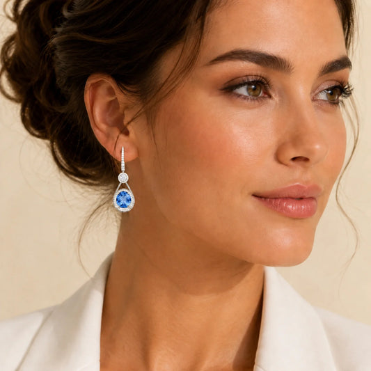 Oval Blue Sapphire & Lab-Grown Diamond Halo Drop Earrings - White