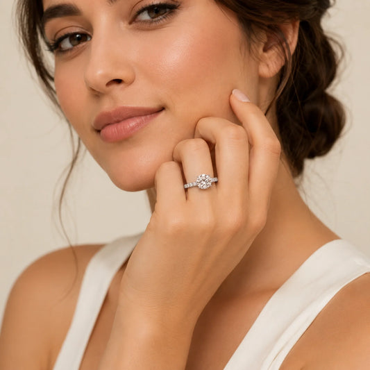 Round Brilliant Lab-Grown Diamond Solitaire Ring with Pavé Band - White