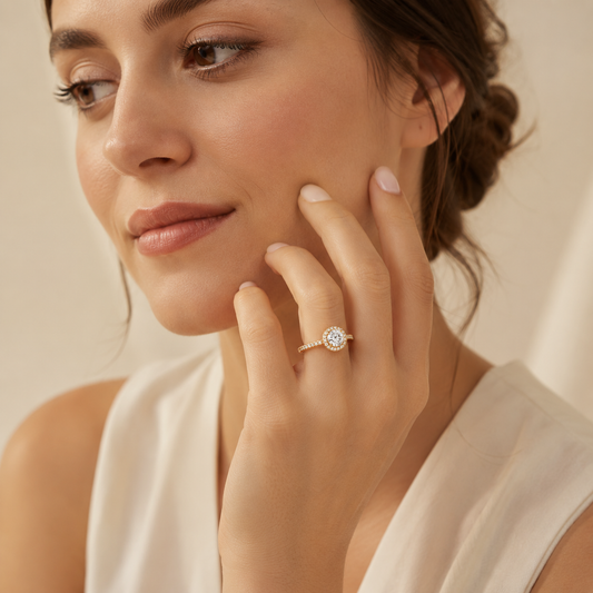 Round Lab-Grown Diamond Micropavé Halo Engagement Ring with Pavé Band - Yellow Gold