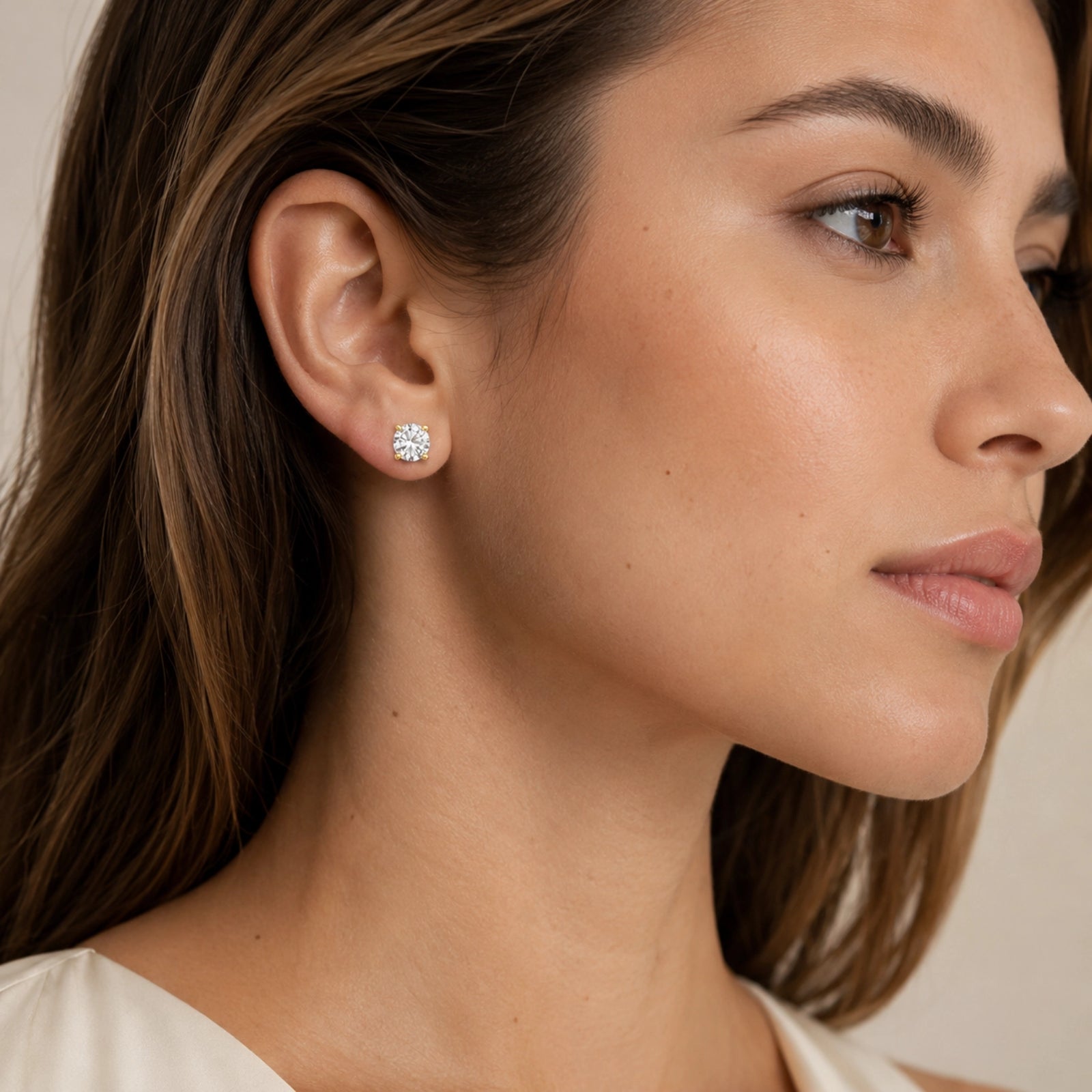 Four Prong Round Brilliant Earrings - Yellow