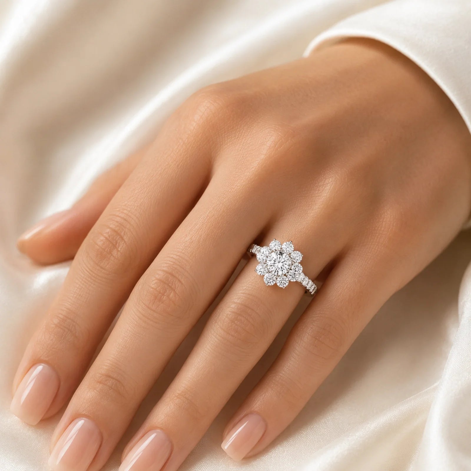 Floral Cluster Round Lab-Grown Diamond Ring - White