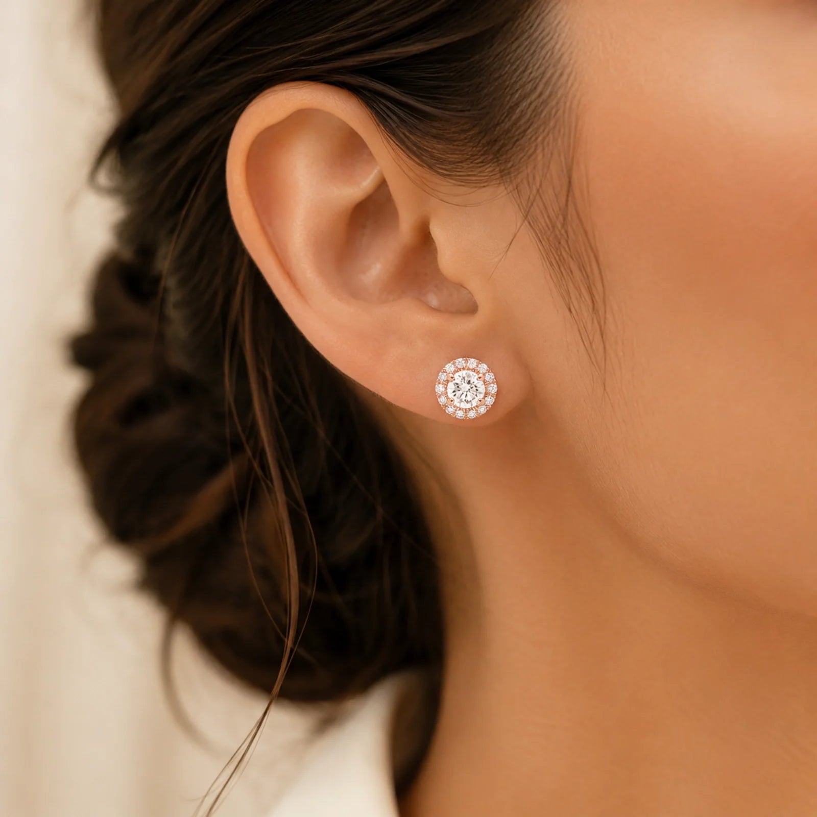 Round Halo Lab-Grown Diamond Stud Earrings - Rose