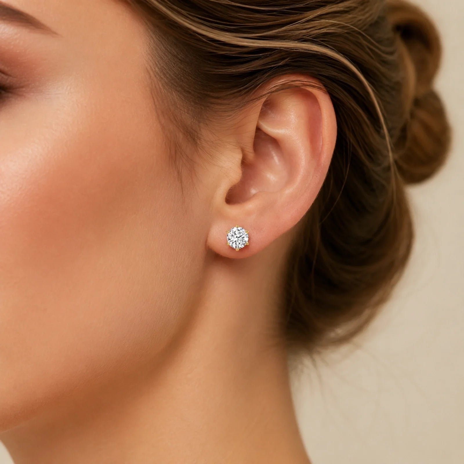 Six Prong Round Lab Diamond Stud Earrings - Yellow