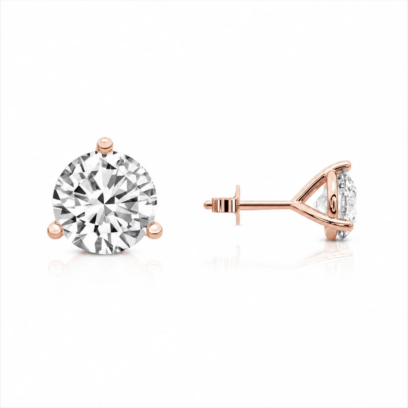 Three Prong Round Lab Diamond Single Stud Earring - Rose