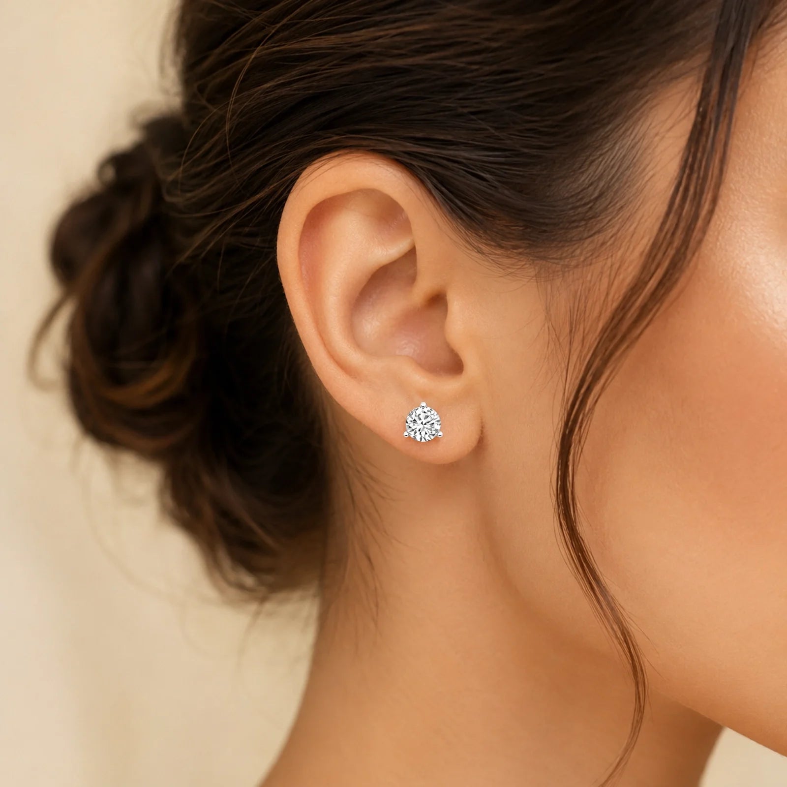 Three Prong Round Lab Diamond Single Stud Earring - White