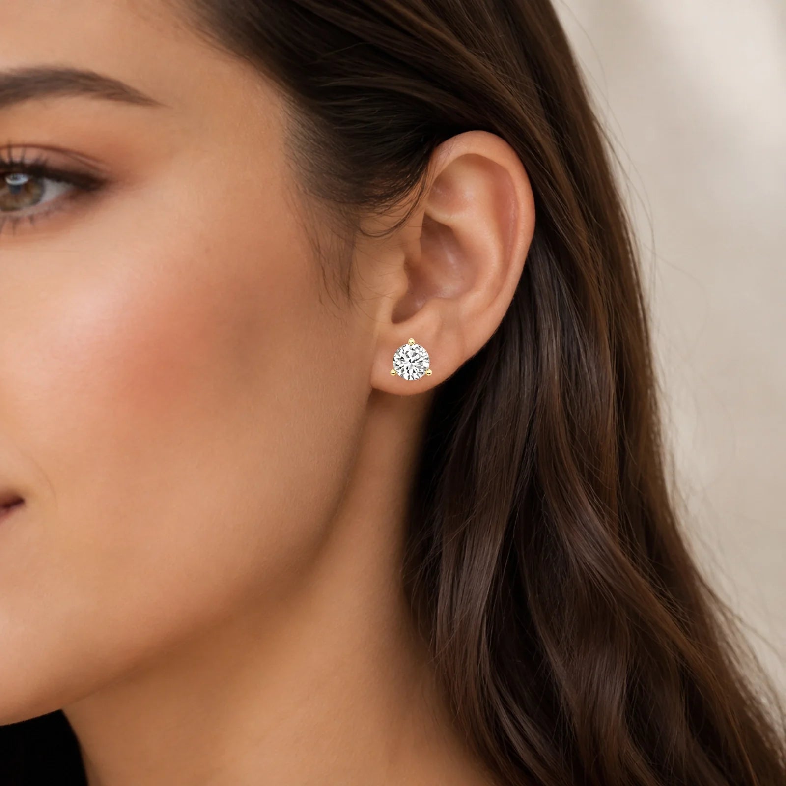 Three Prong Round Lab Diamond Single Stud Earring - Yellow
