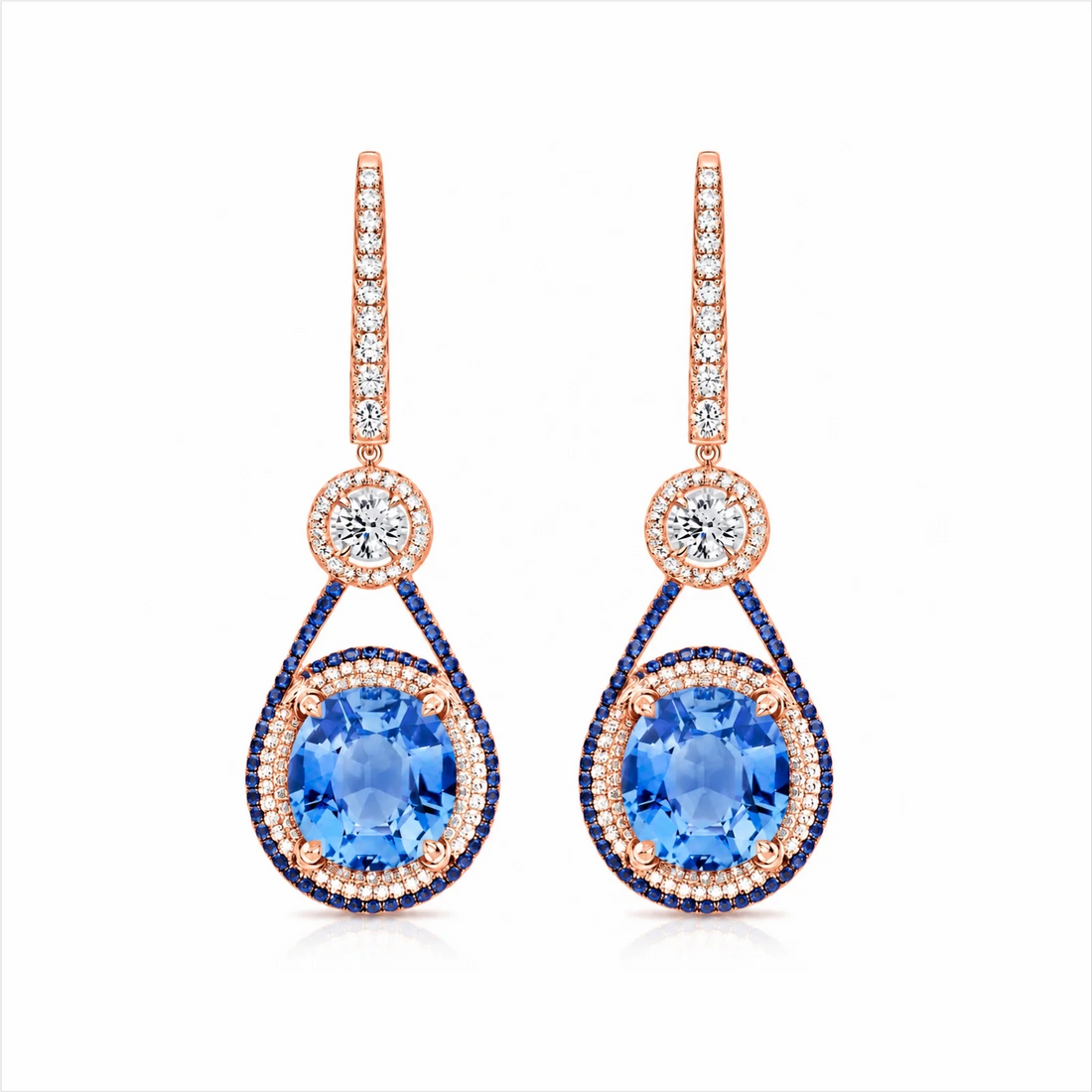 Oval Blue Sapphire & Lab-Grown Diamond Halo Drop Earrings - Rose Gold