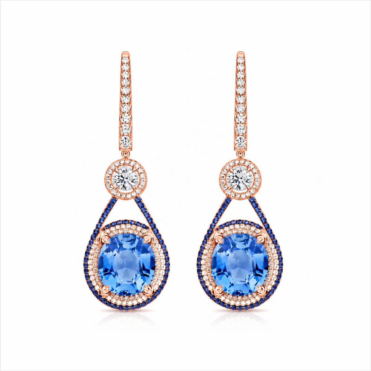 Oval Blue Sapphire & Lab-Grown Diamond Halo Drop Earrings - Rose