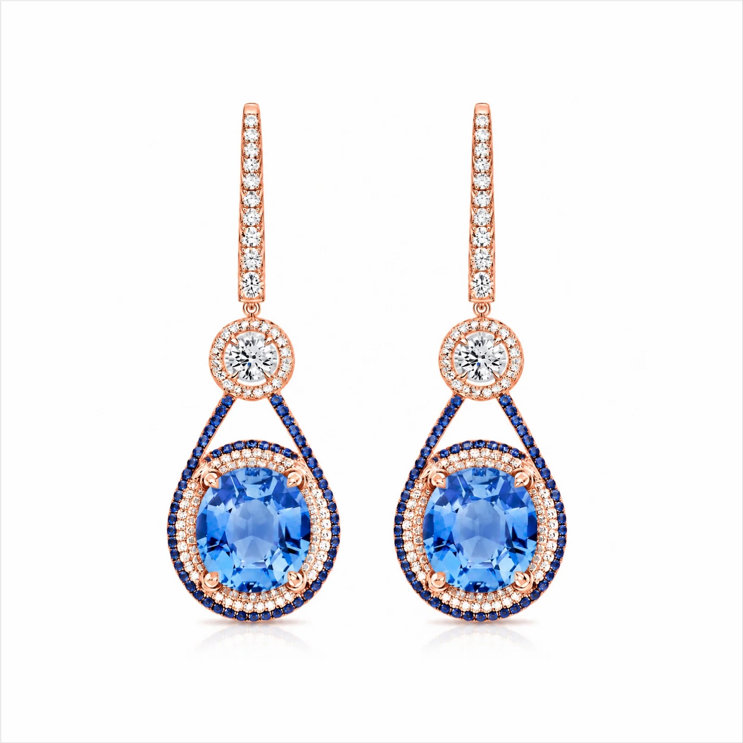 Oval Blue Sapphire & Lab-Grown Diamond Halo Drop Earrings - Rose