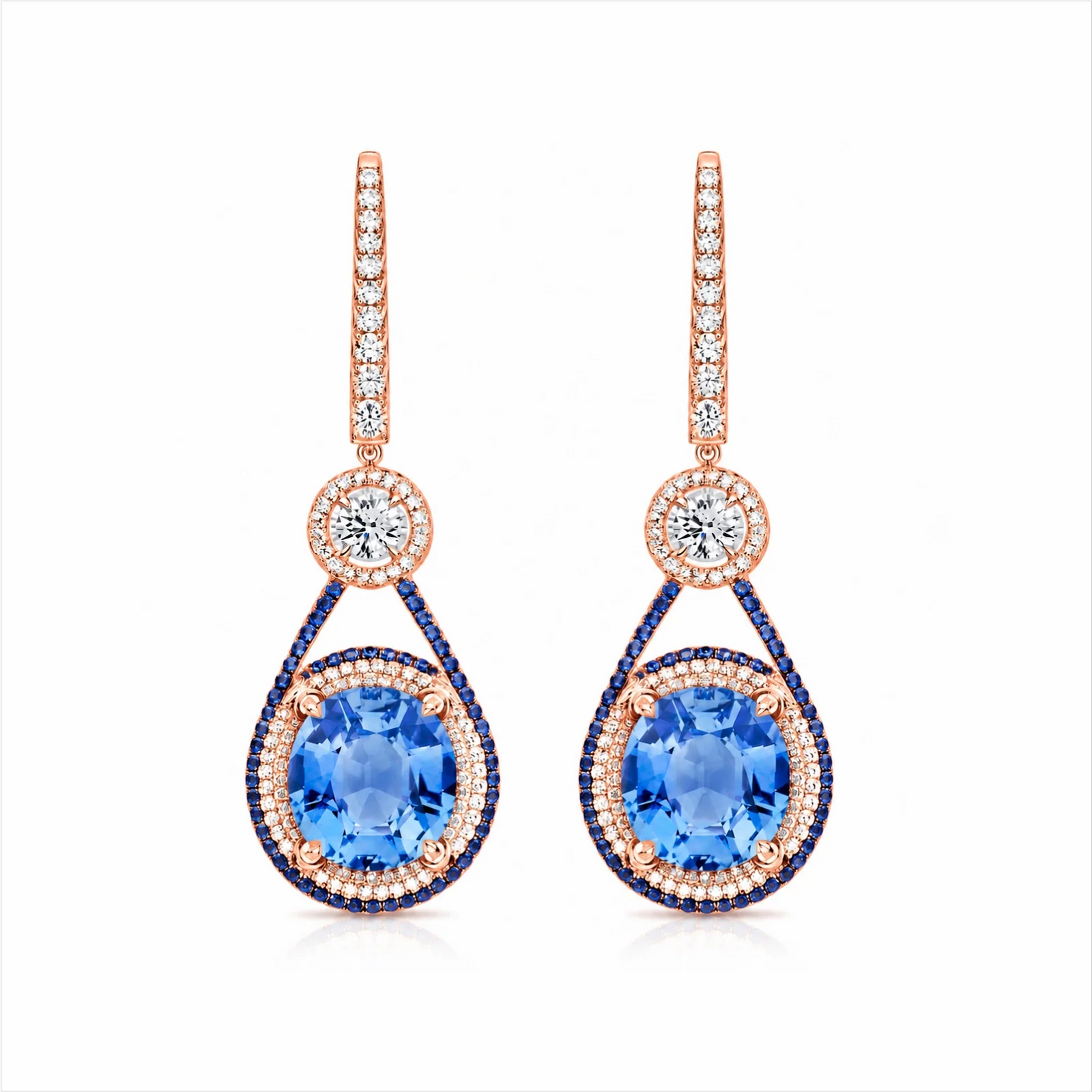 Oval Blue Sapphire & Lab-Grown Diamond Halo Drop Earrings - Rose