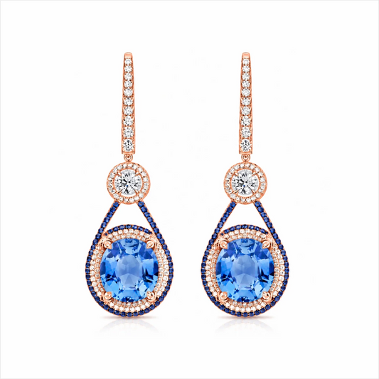 Oval Blue Sapphire & Lab-Grown Diamond Halo Drop Earrings - Rose