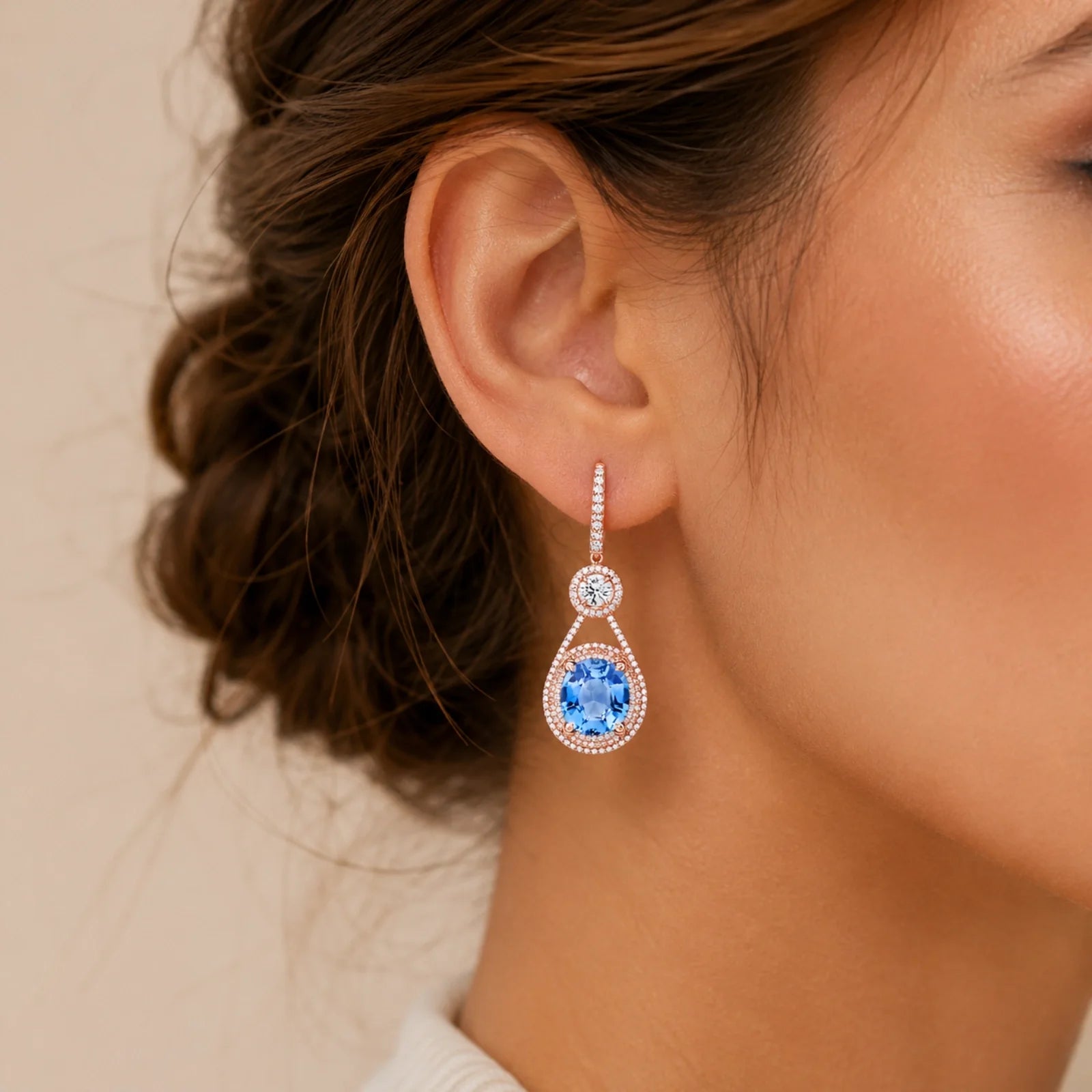 Oval Blue Sapphire & Lab-Grown Diamond Halo Drop Earrings - Rose