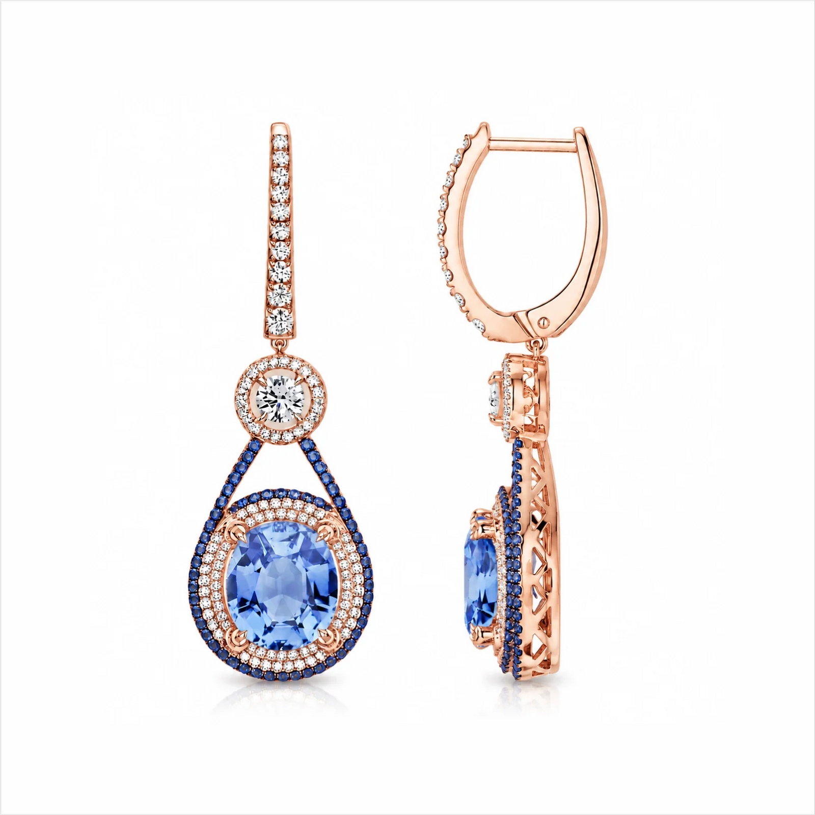 Oval Blue Sapphire & Lab-Grown Diamond Halo Drop Earrings - Rose