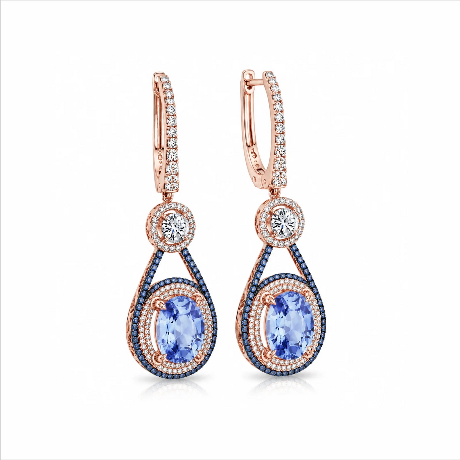 Oval Blue Sapphire & Lab-Grown Diamond Halo Drop Earrings - Rose