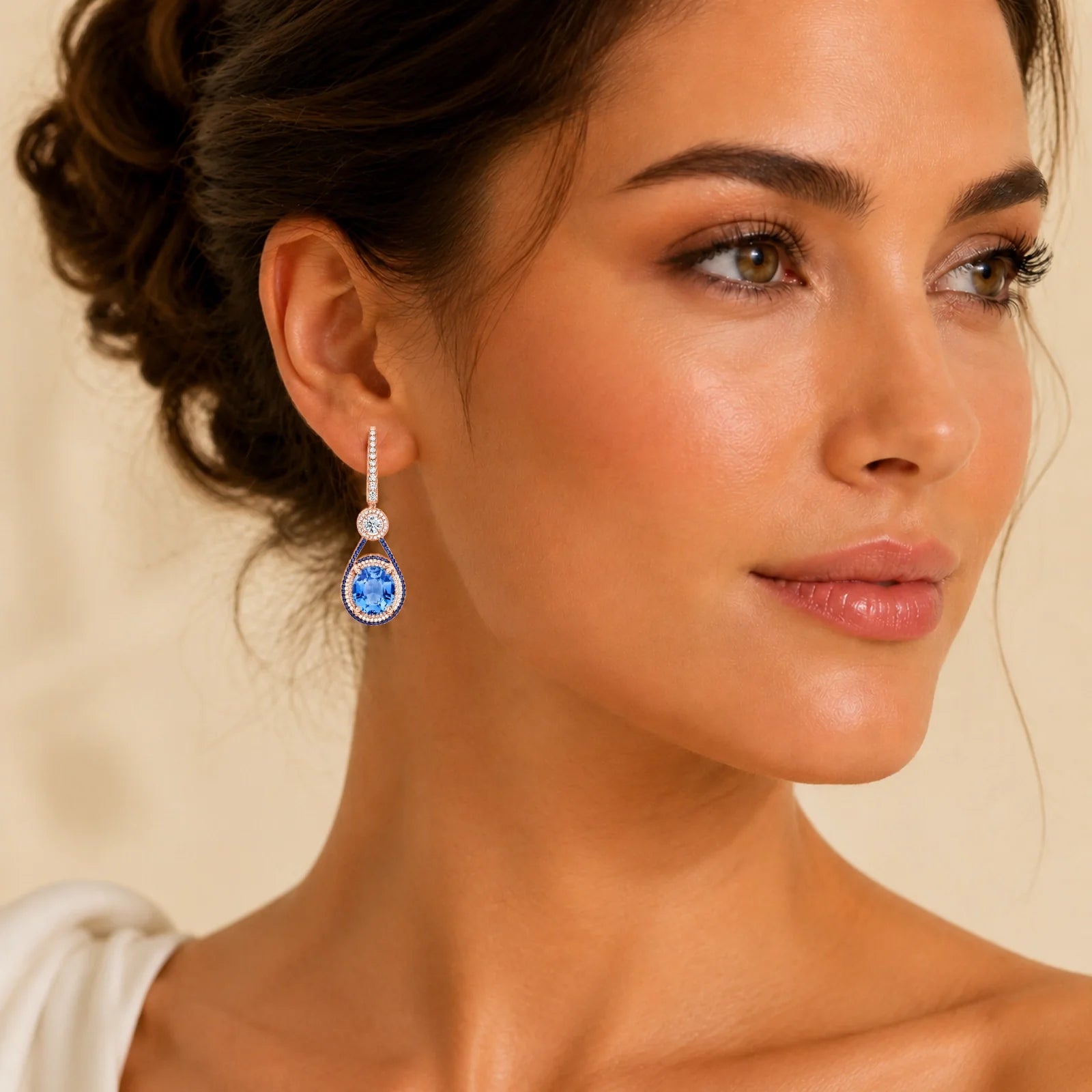 Oval Blue Sapphire & Lab-Grown Diamond Halo Drop Earrings - Rose