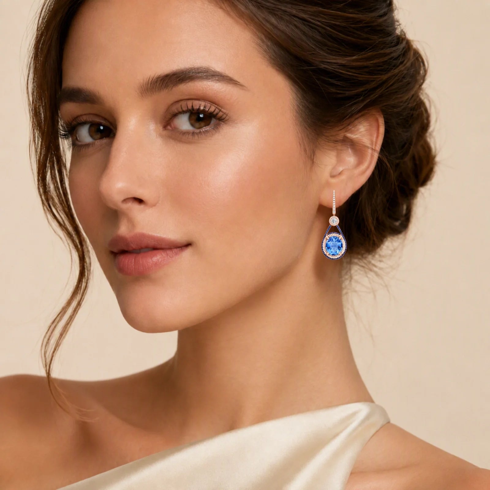 Oval Blue Sapphire & Lab-Grown Diamond Halo Drop Earrings - Rose