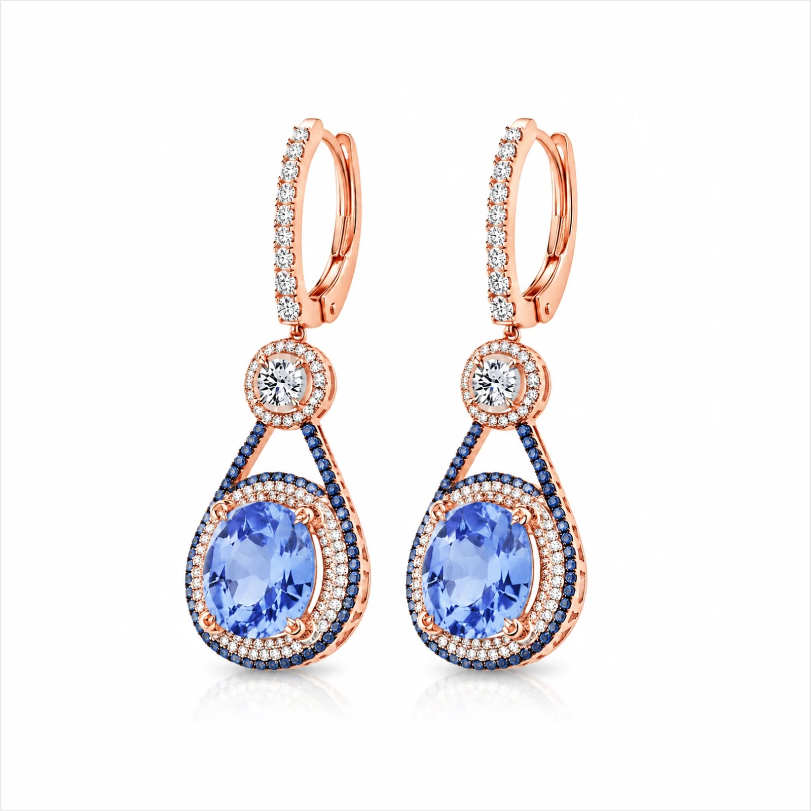Oval Blue Sapphire & Lab-Grown Diamond Halo Drop Earrings - Rose
