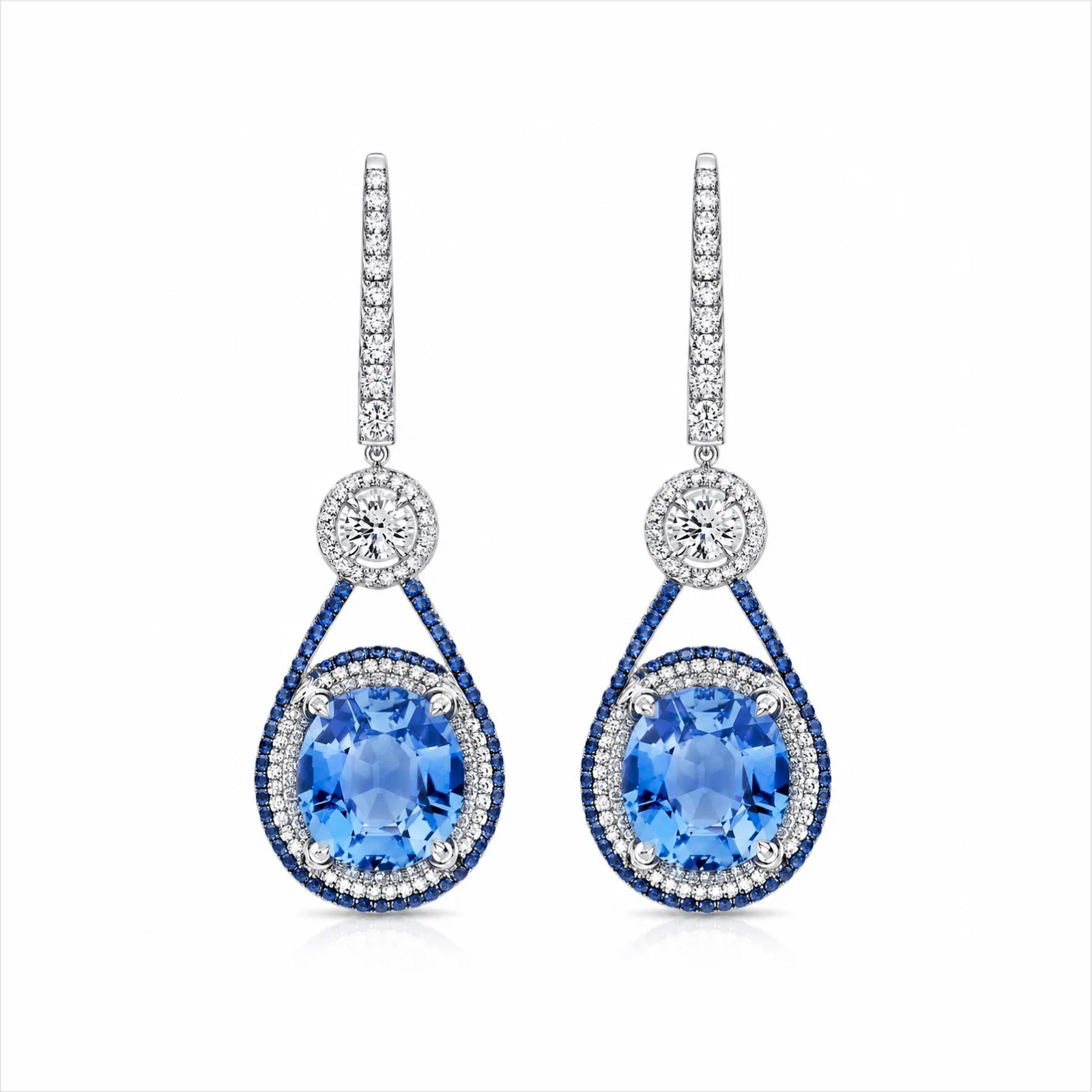 Oval Blue Sapphire & Lab-Grown Diamond Halo Drop Earrings - White