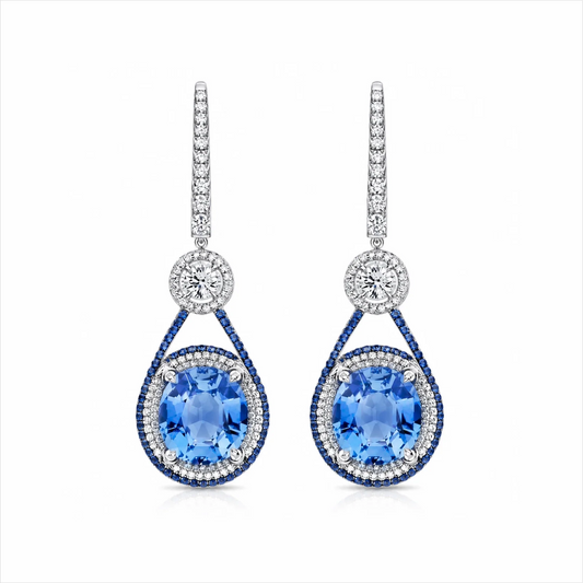 Oval Blue Sapphire & Lab-Grown Diamond Halo Drop Earrings - White