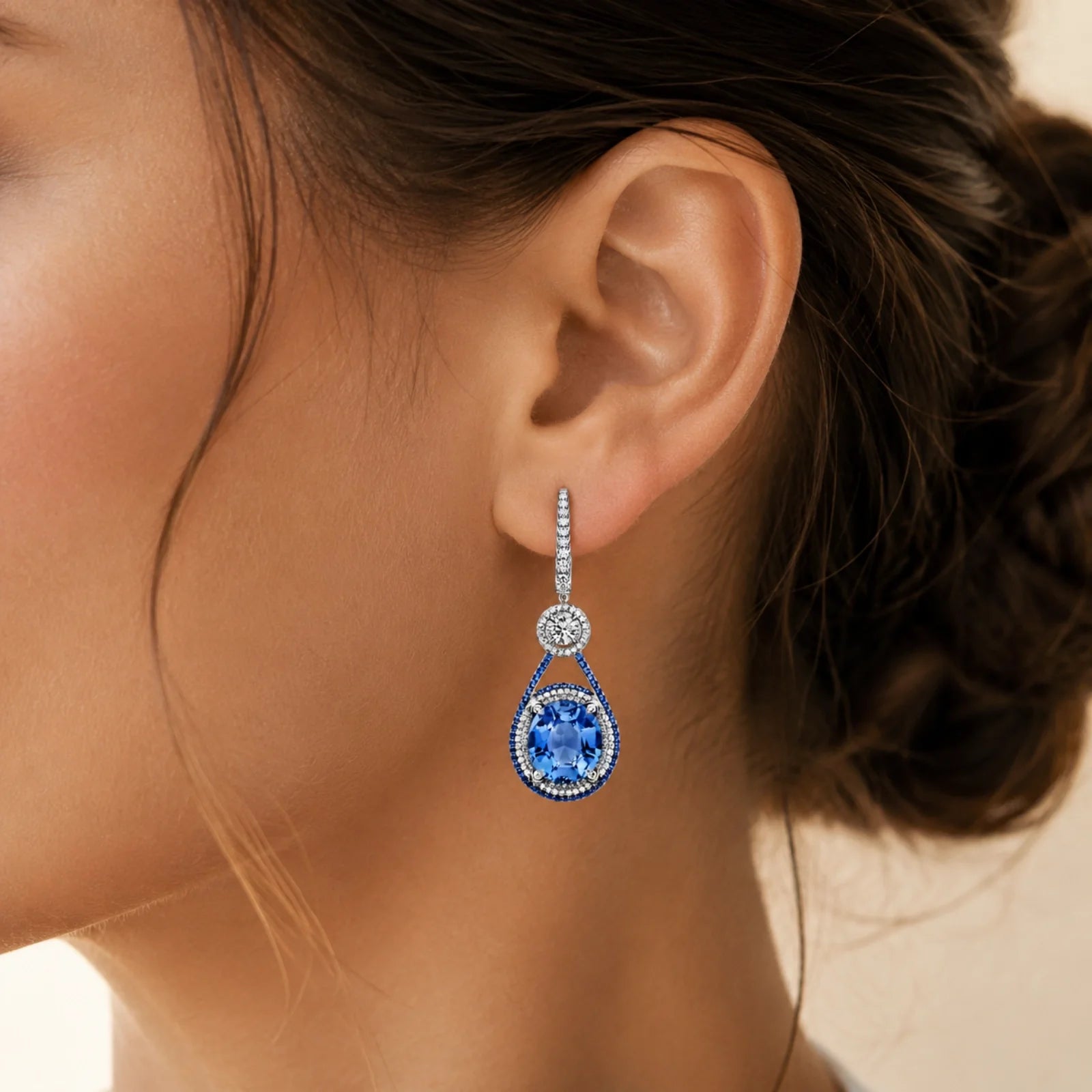 Oval Blue Sapphire & Lab-Grown Diamond Halo Drop Earrings - White