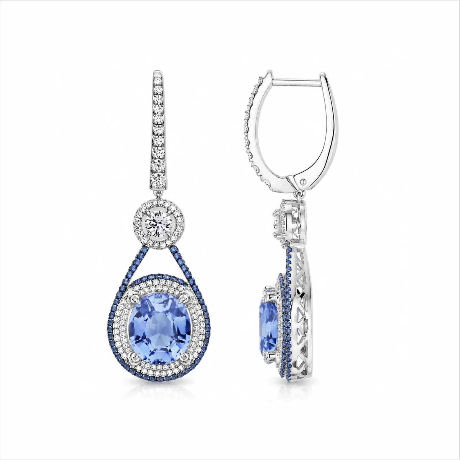 Oval Blue Sapphire & Lab-Grown Diamond Halo Drop Earrings - White