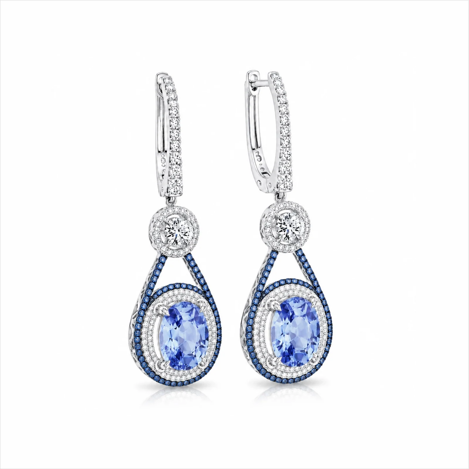 Oval Blue Sapphire & Lab-Grown Diamond Halo Drop Earrings - White