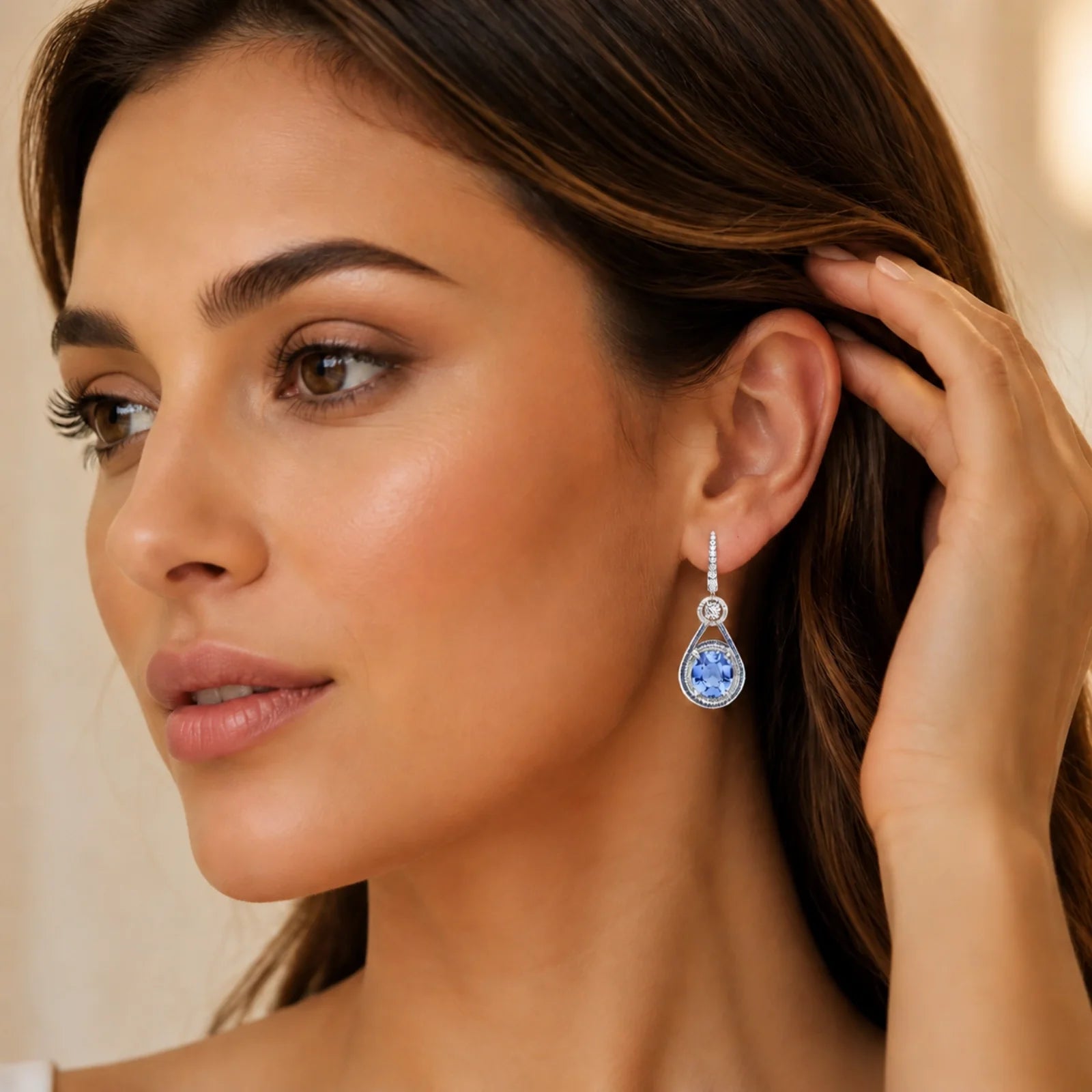Oval Blue Sapphire & Lab-Grown Diamond Halo Drop Earrings - White