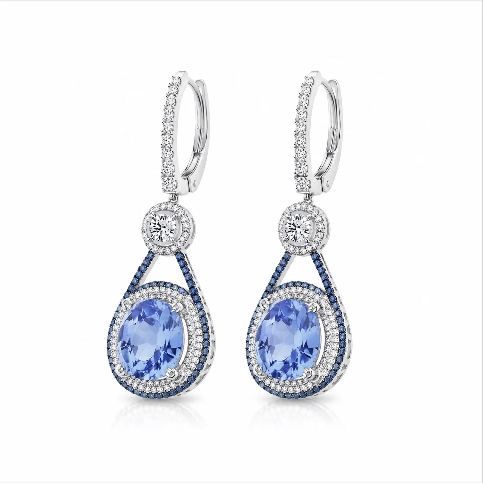 Oval Blue Sapphire & Lab-Grown Diamond Halo Drop Earrings - White