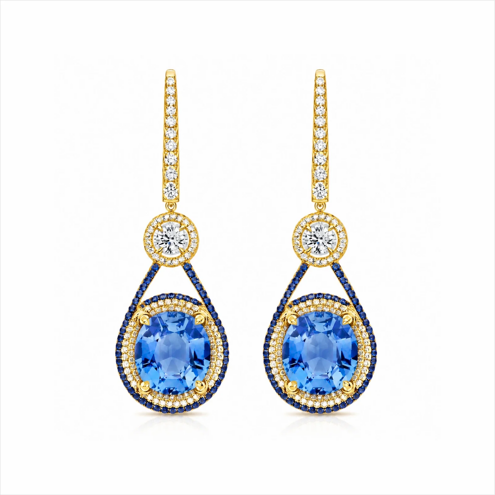 Oval Blue Sapphire & Lab-Grown Diamond Halo Drop Earrings - Yellow