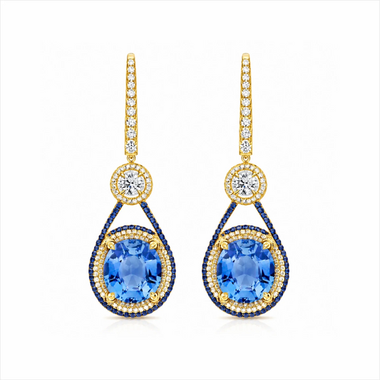 Oval Blue Sapphire & Lab-Grown Diamond Halo Drop Earrings - Yellow
