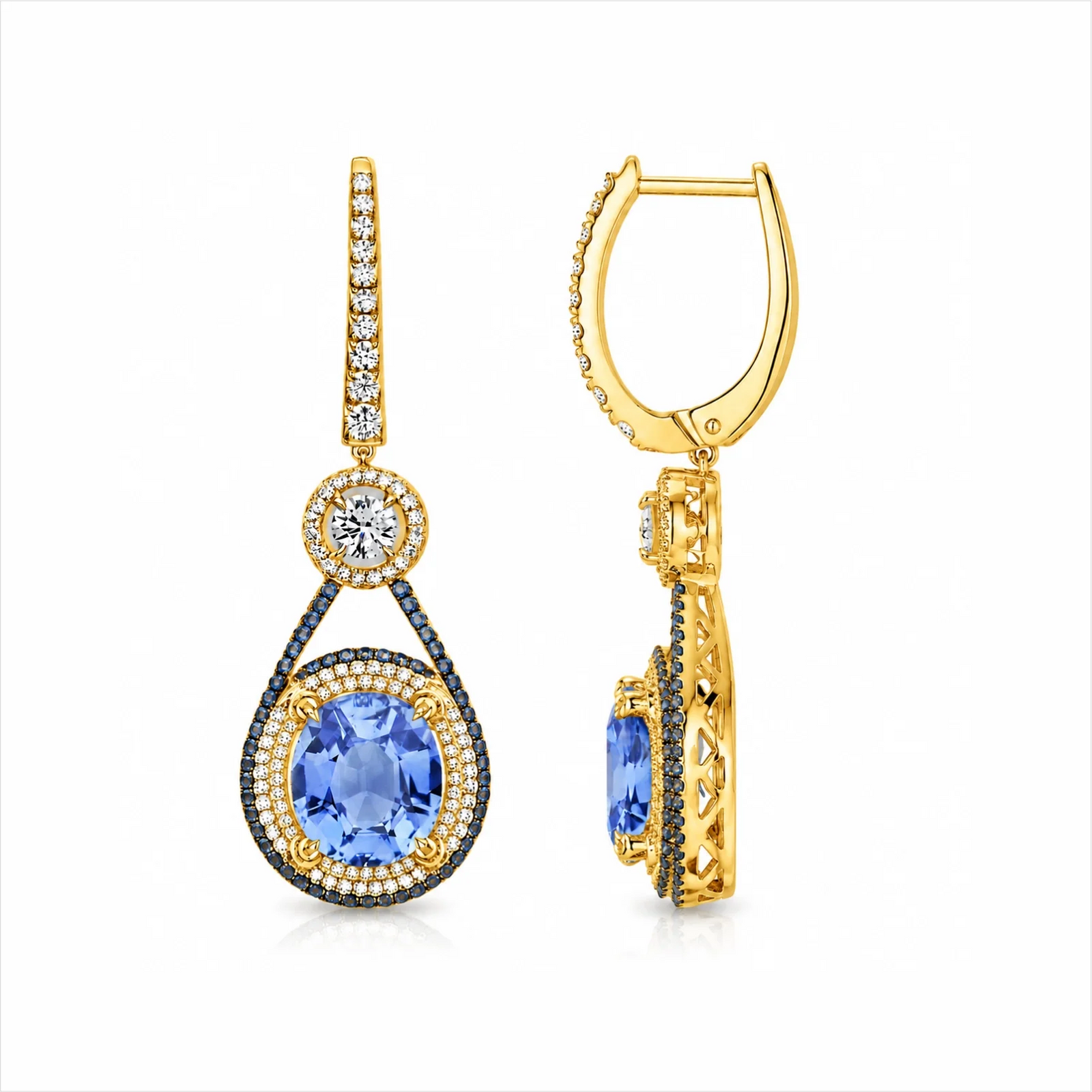 Oval Blue Sapphire & Lab-Grown Diamond Halo Drop Earrings - Yellow
