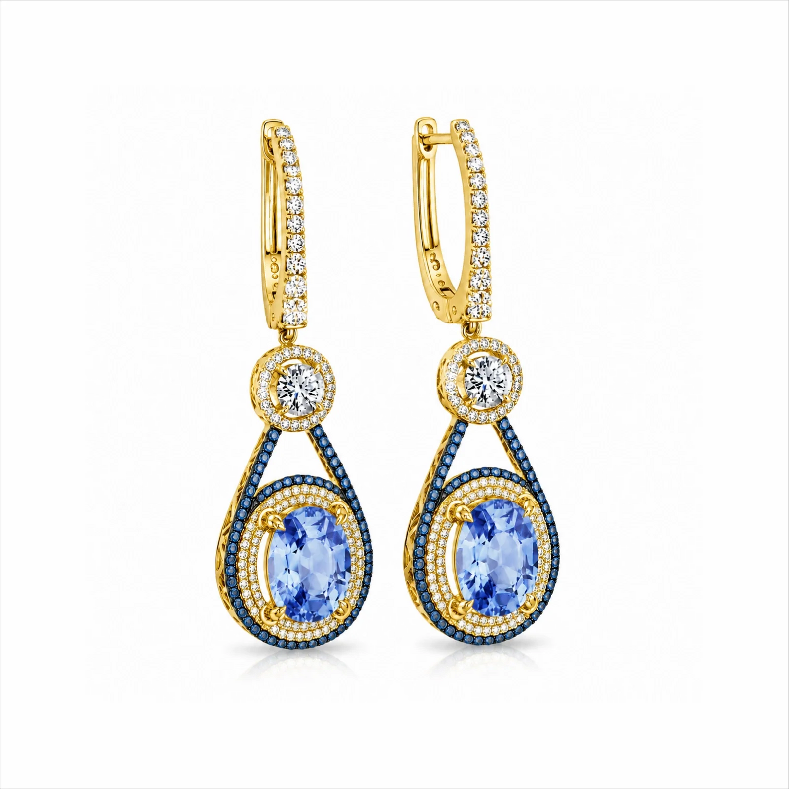 Oval Blue Sapphire & Lab-Grown Diamond Halo Drop Earrings - Yellow