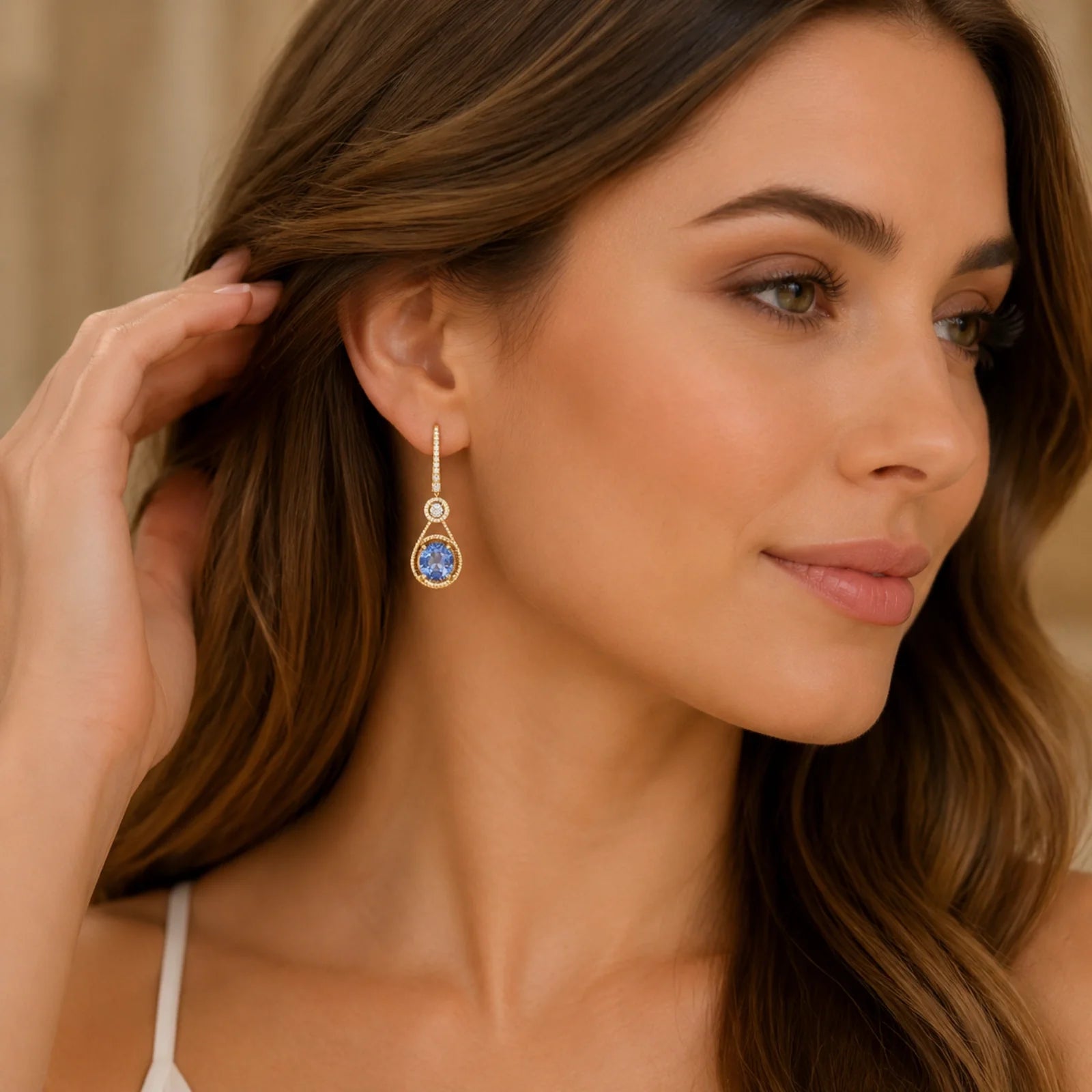 Oval Blue Sapphire & Lab-Grown Diamond Halo Drop Earrings - Yellow