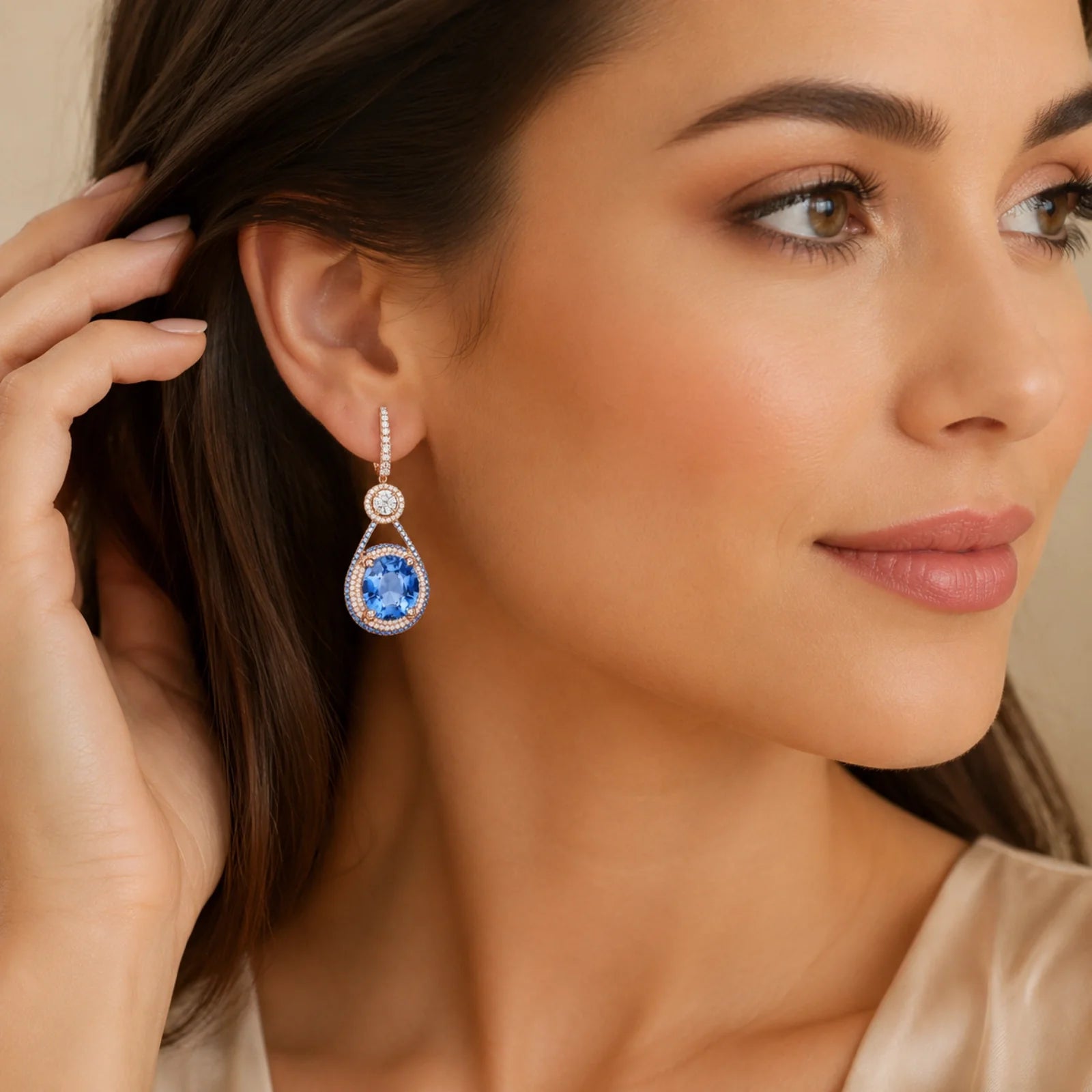Oval Blue Sapphire & Lab-Grown Diamond Halo Drop Earrings - Yellow