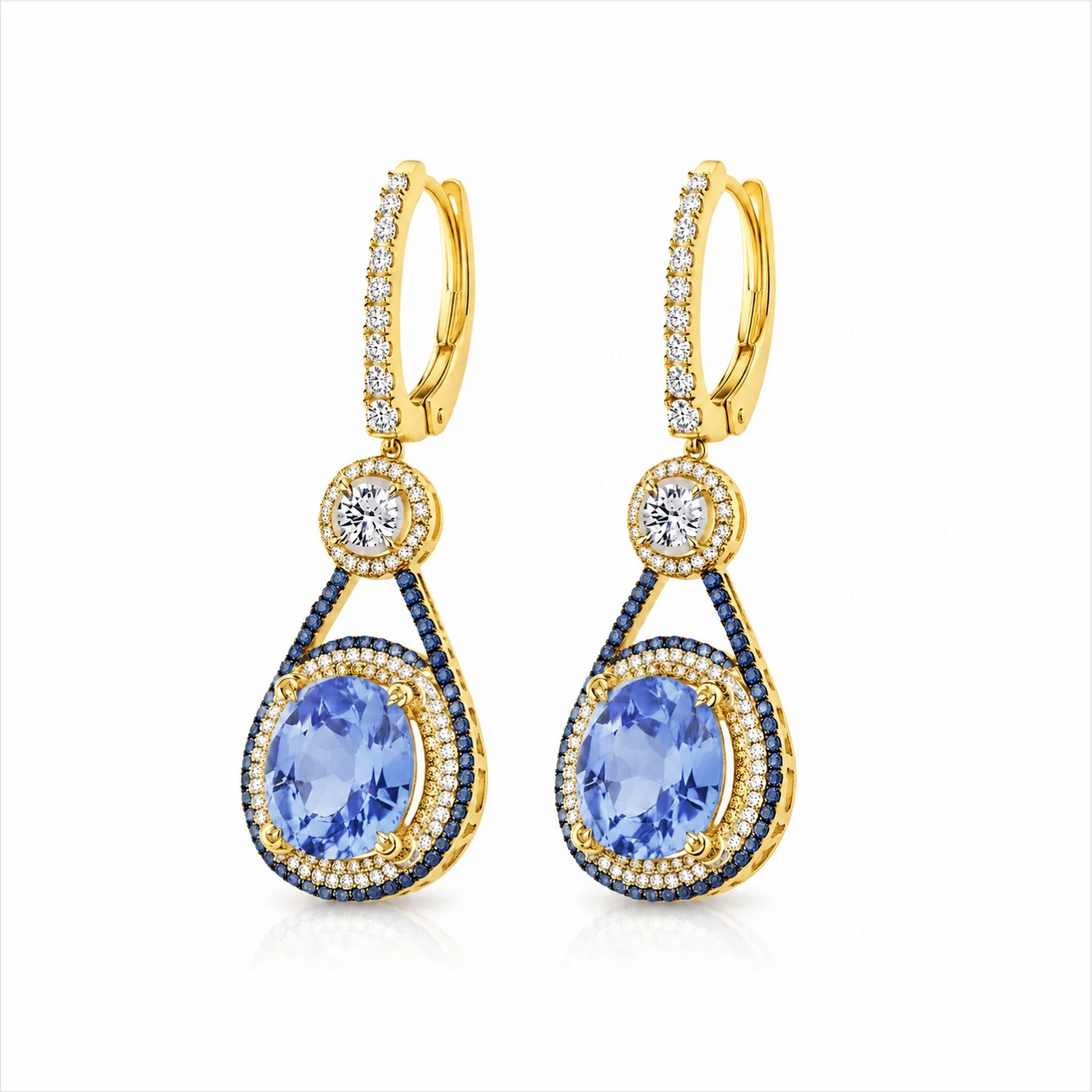 Oval Blue Sapphire & Lab-Grown Diamond Halo Drop Earrings - Yellow
