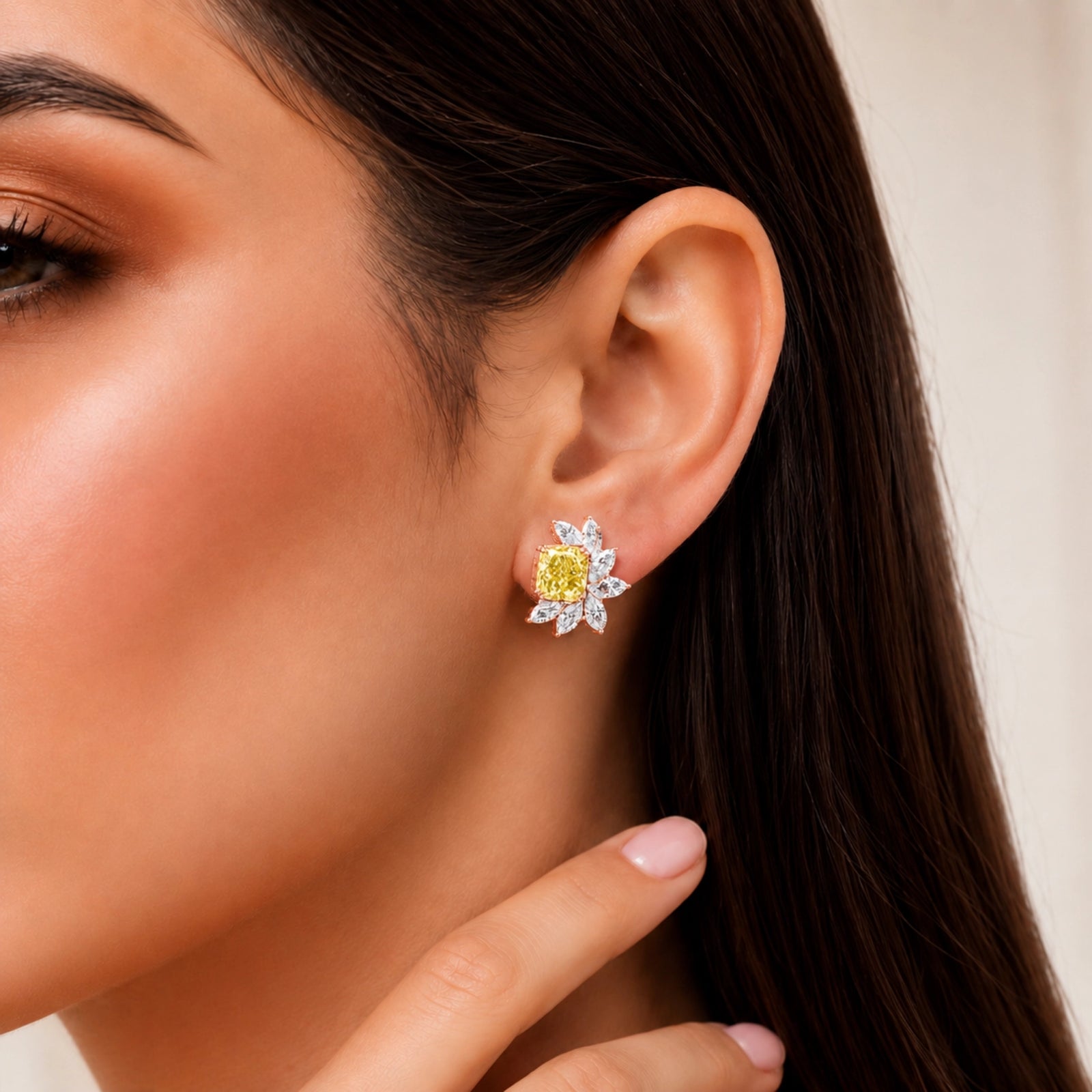 Fancy Yellow Radiant-Cut & Marquise Lab-Grown Diamond Stud Earrings - Rose