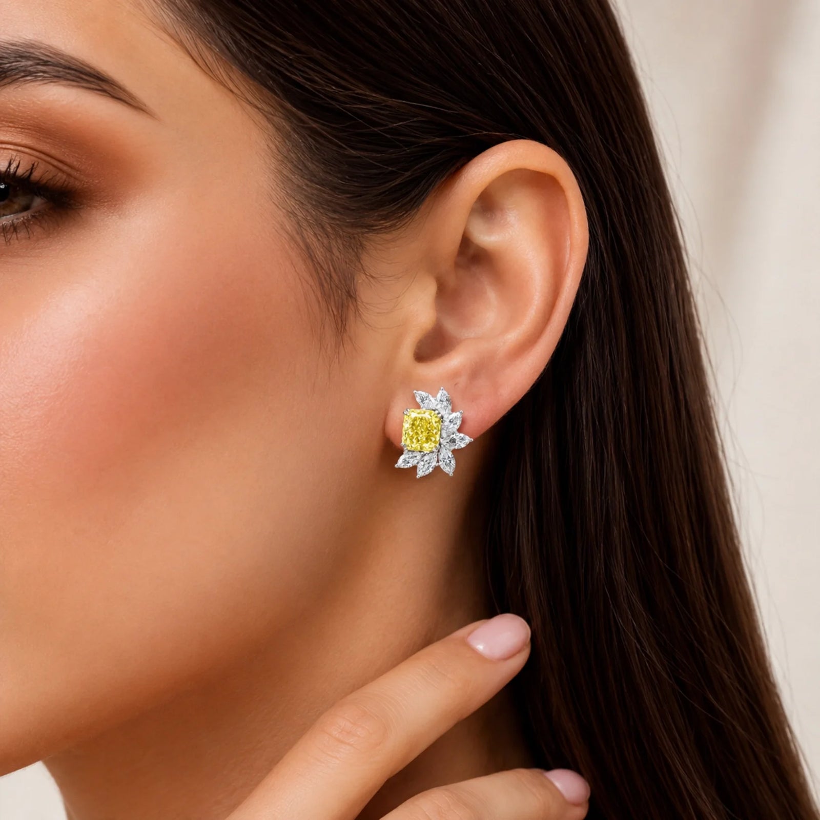 Fancy Yellow Radiant-Cut & Marquise Lab-Grown Diamond Stud Earrings - White