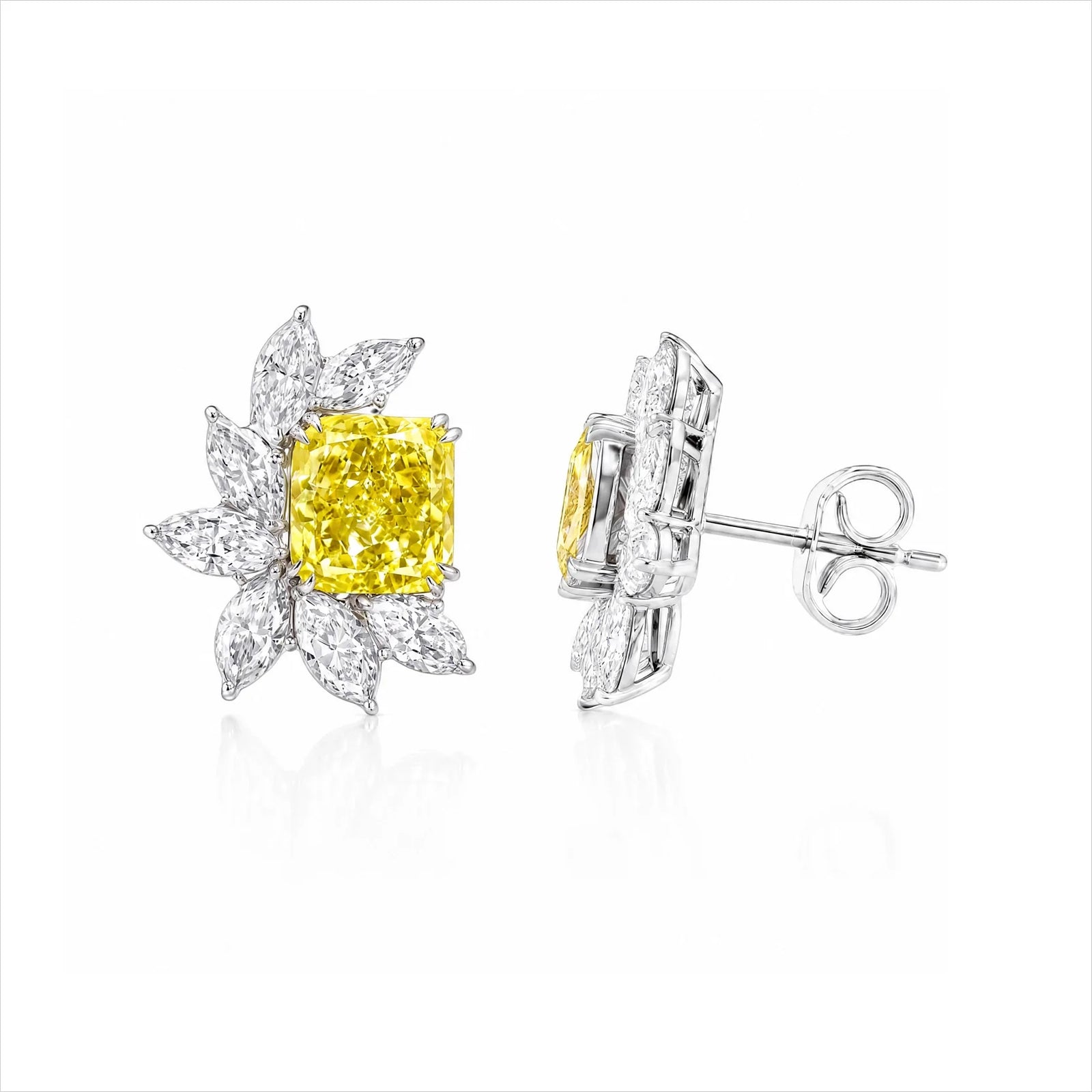 Fancy Yellow Radiant-Cut & Marquise Lab-Grown Diamond Stud Earrings - White
