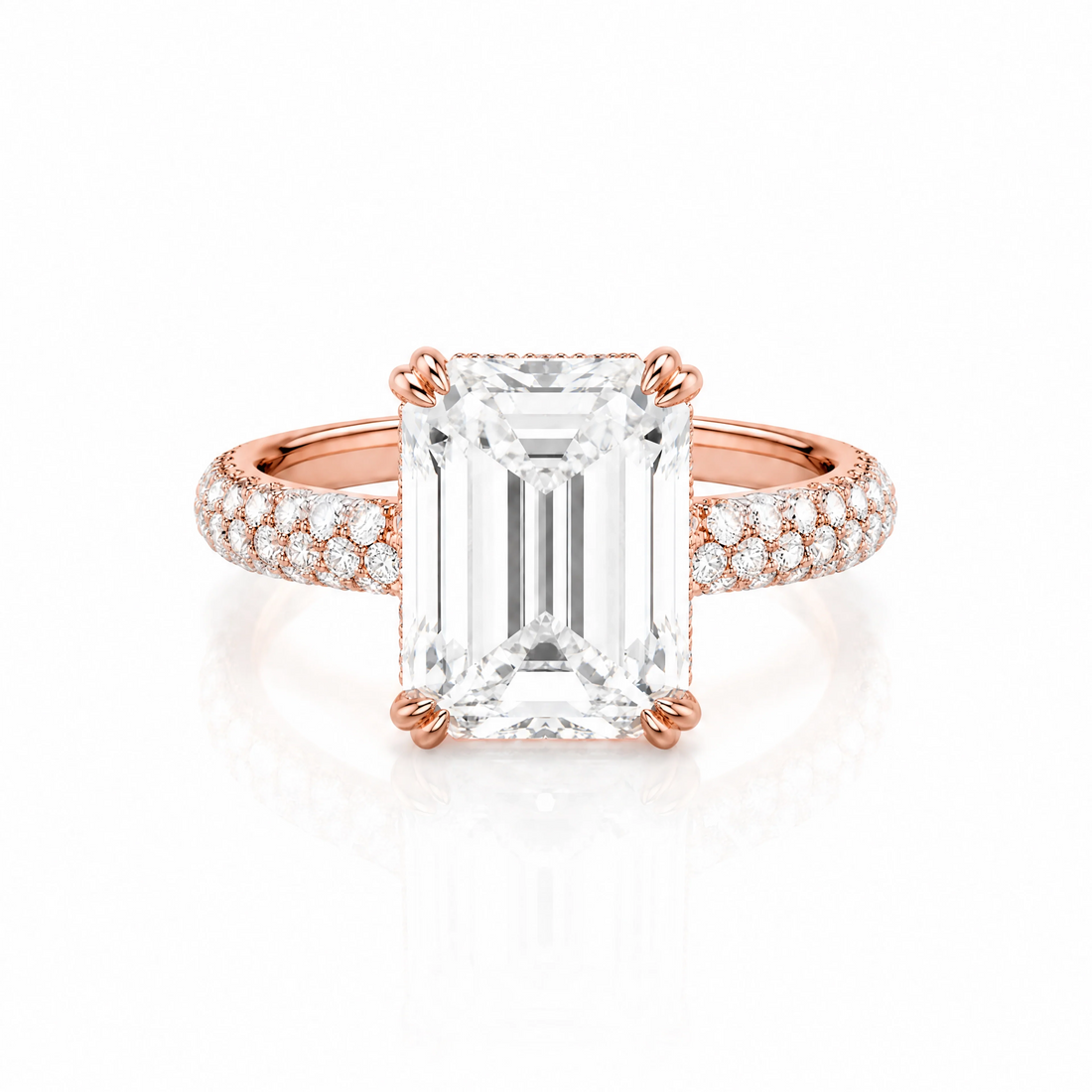 Emerald-Cut Lab-Grown Diamond Solitaire Ring with Three-Row Pavé - Rose Gold