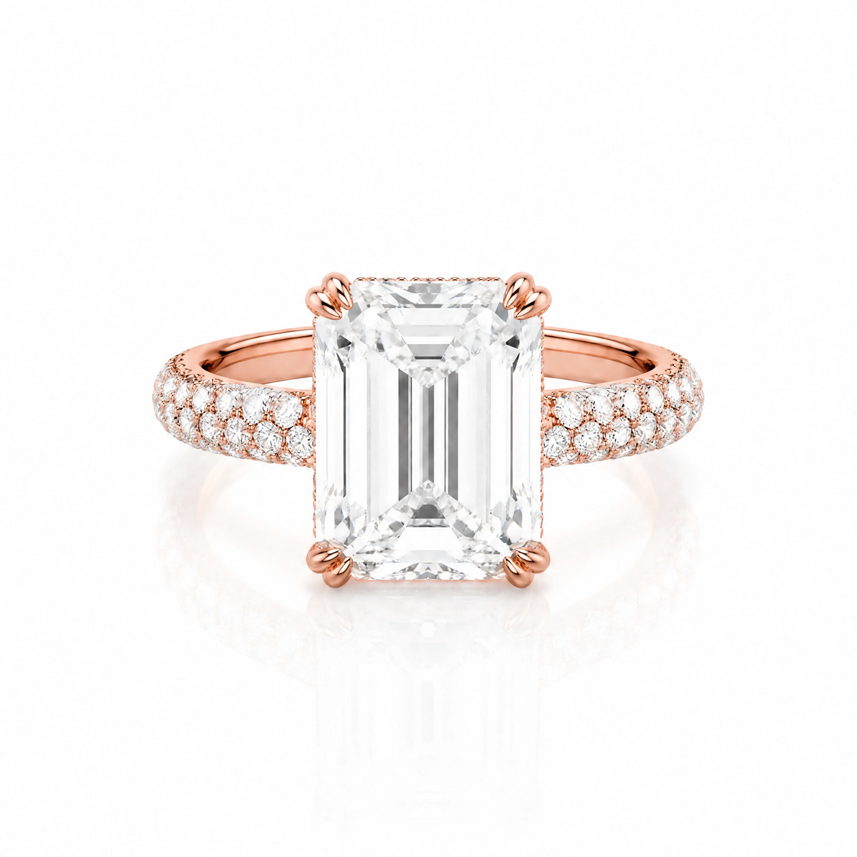 Emerald-Cut Lab-Grown Diamond Solitaire Ring with Three-Row Pavé - Rose