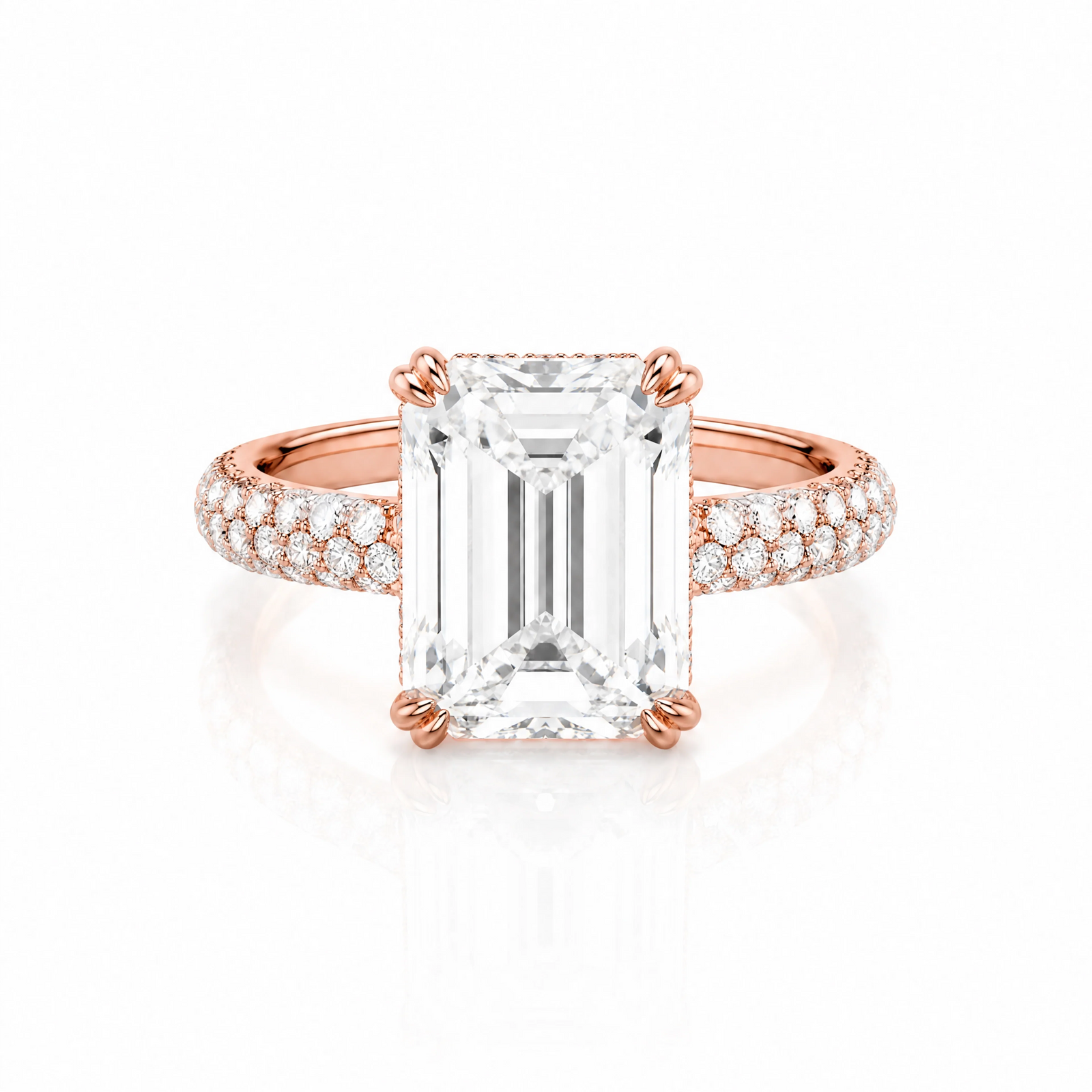 Emerald-Cut Lab-Grown Diamond Solitaire Ring with Three-Row Pavé - Rose