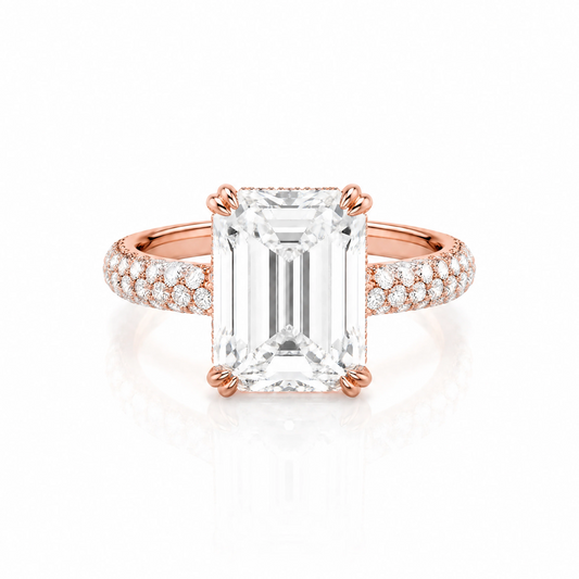 Emerald-Cut Lab-Grown Diamond Solitaire Ring with Three-Row Pavé - Rose