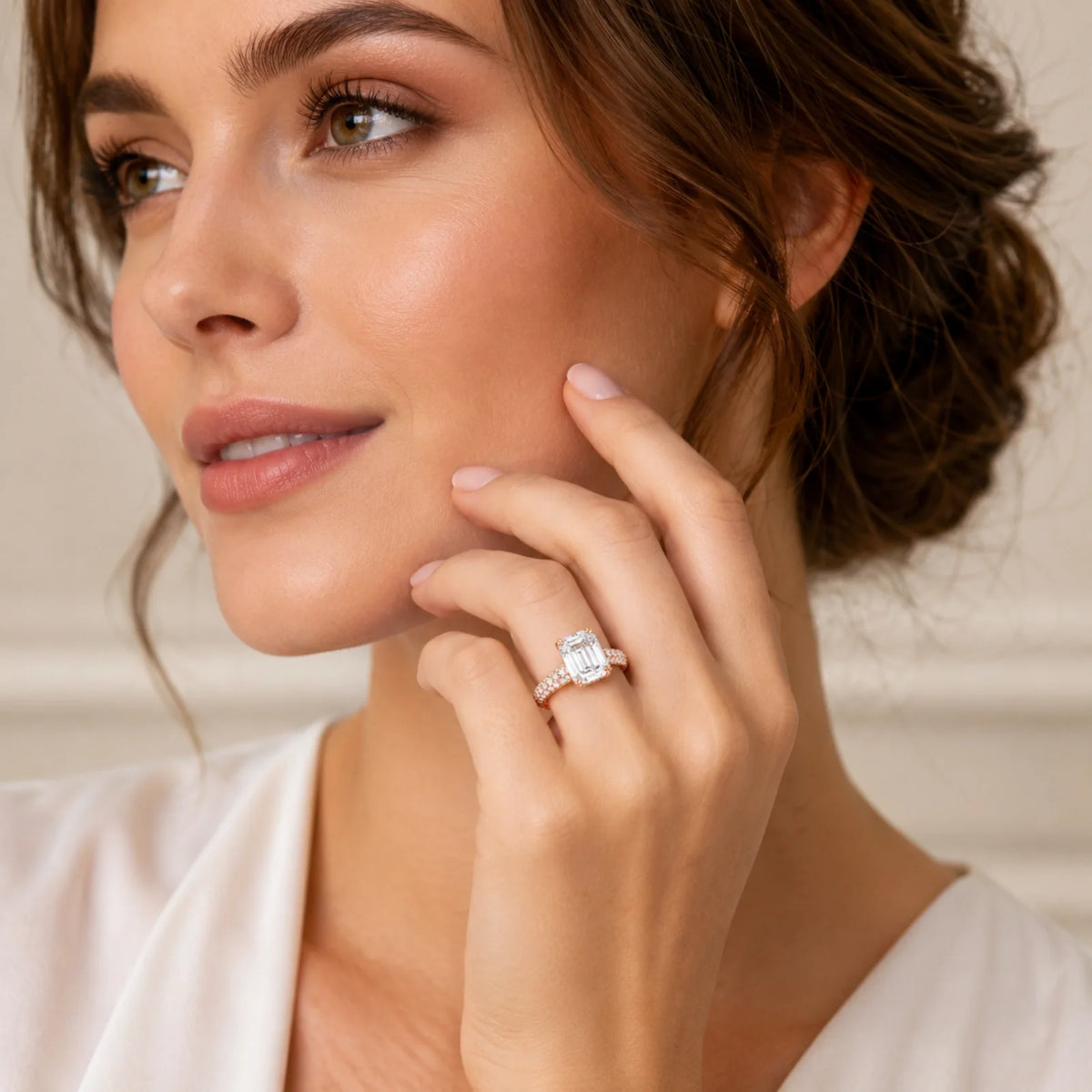 Emerald-Cut Lab-Grown Diamond Solitaire Ring with Three-Row Pavé - Rose