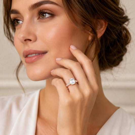 Emerald-Cut Lab-Grown Diamond Solitaire Ring with Three-Row Pavé - Rose