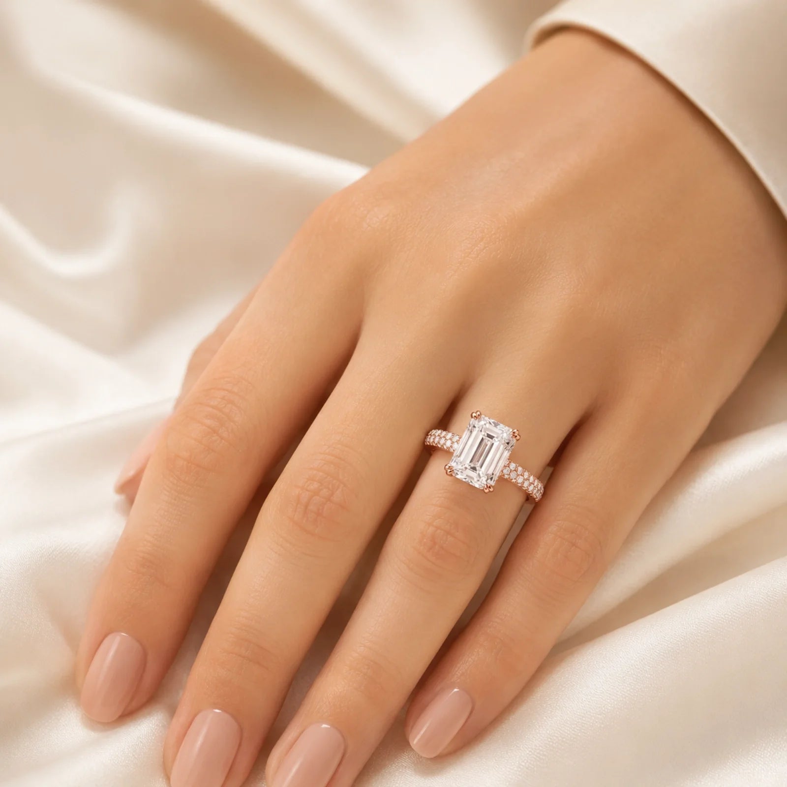 Emerald-Cut Lab-Grown Diamond Solitaire Ring with Three-Row Pavé - Rose
