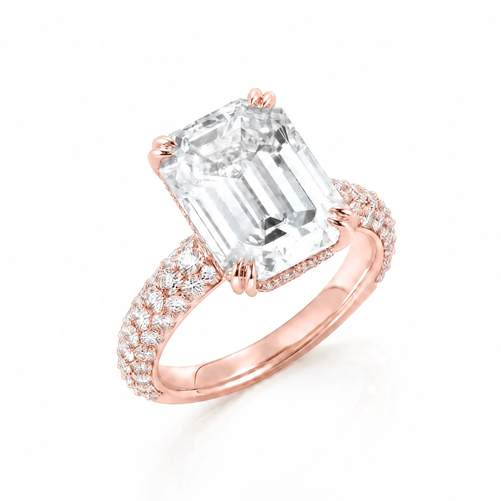 Emerald-Cut Lab-Grown Diamond Solitaire Ring with Three-Row Pavé - Rose