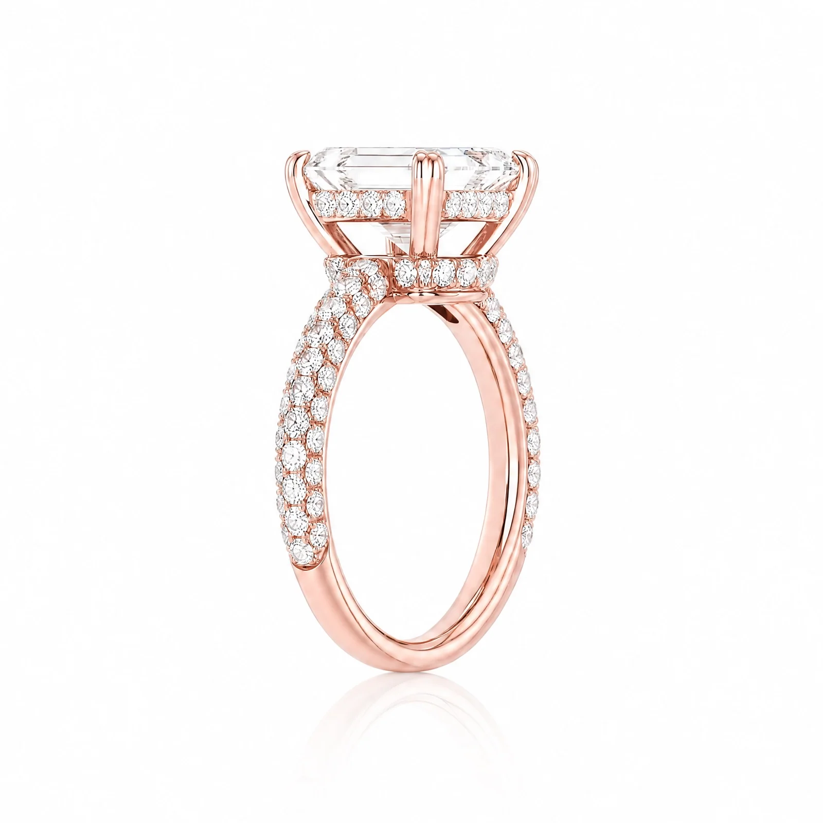 Emerald-Cut Lab-Grown Diamond Solitaire Ring with Three-Row Pavé - Rose