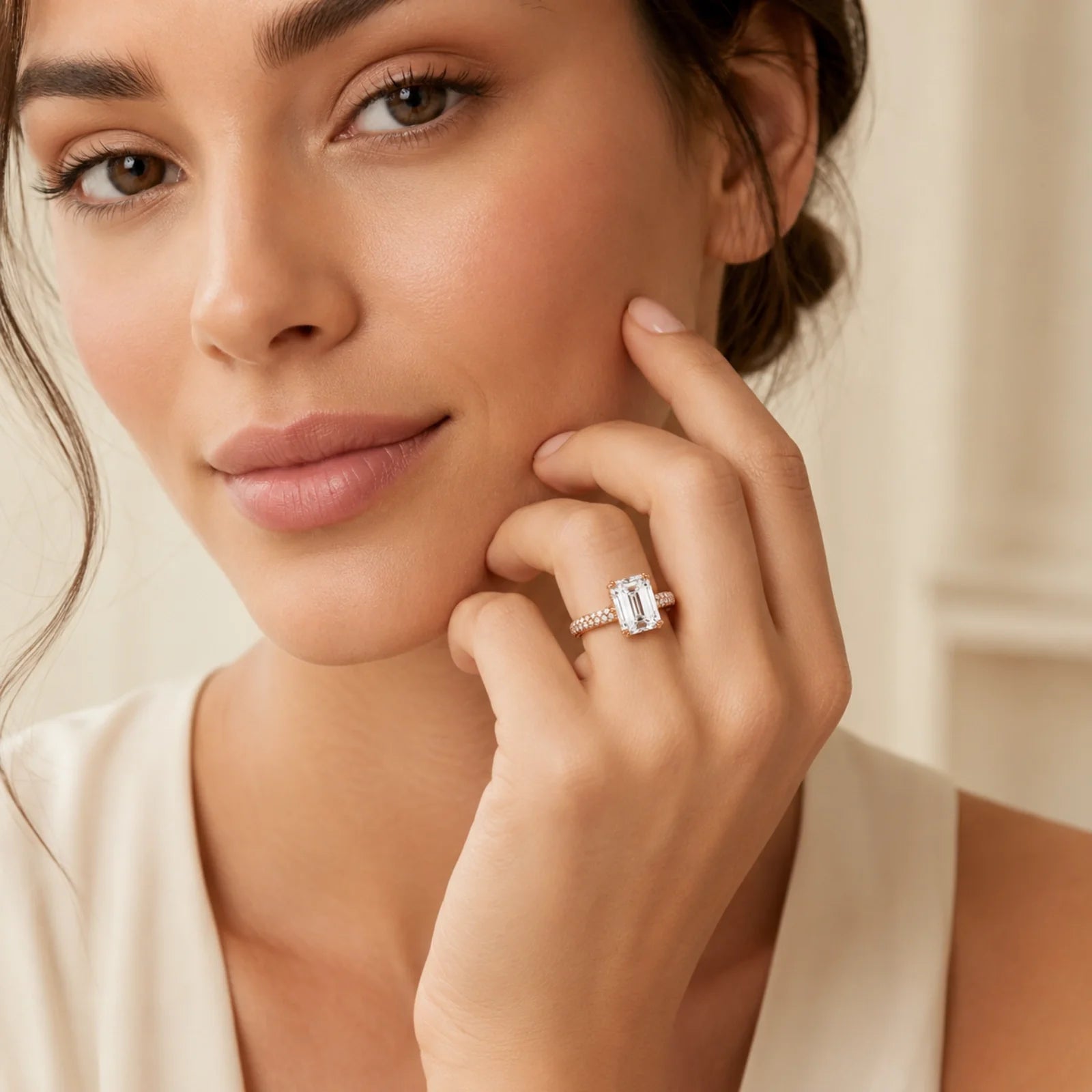 Emerald-Cut Lab-Grown Diamond Solitaire Ring with Three-Row Pavé - Rose