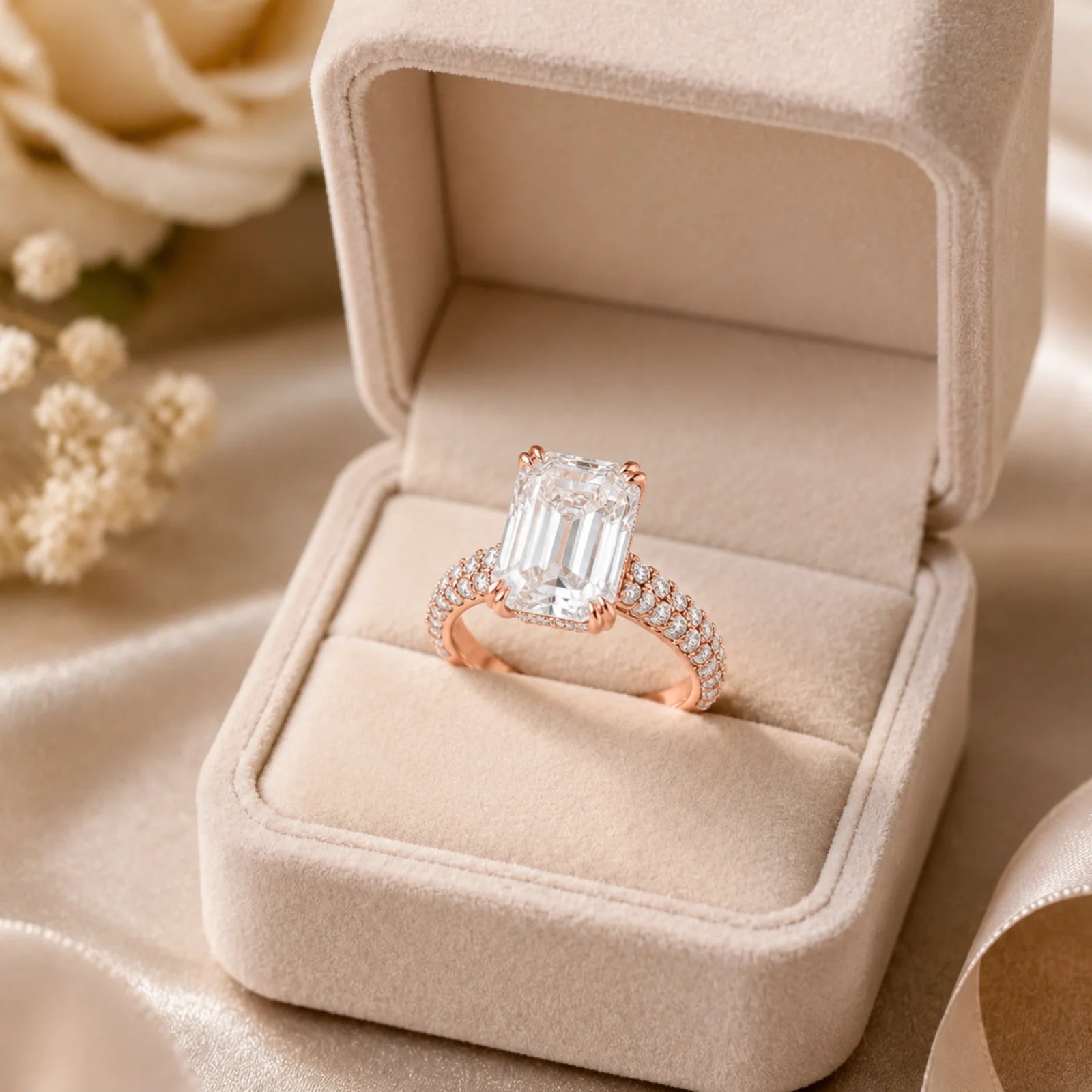 Emerald-Cut Lab-Grown Diamond Solitaire Ring with Three-Row Pavé - Rose